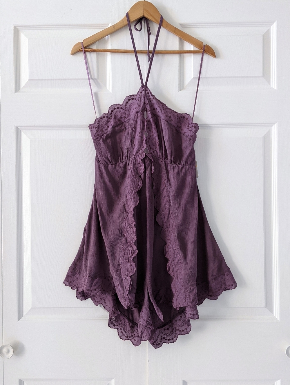 Free People Boho Gauzy Lace Halter Top Romper Plum Purple NWT Small